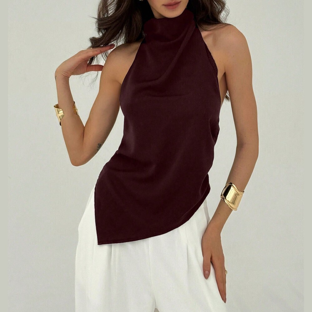 Burgundy Halter Top with Cowl Neck Draped Detail